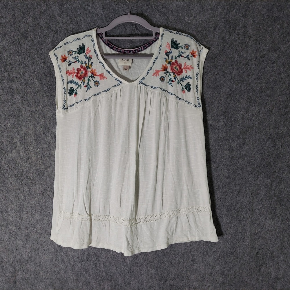 Knox Rose Womens Top Size L White Boho Embroidered Floral Crochet Trim V-Neck